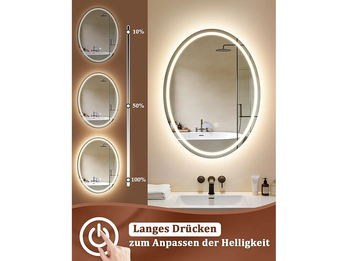 Nettlife Miroir de Salle de Bain Ovale LED 60 × 80 cm, Tactile, Antibuée, Dimmable 3000-6500 K, IP44, Mural. Miroir Lumineux Design., Intensité lumineuse réglable