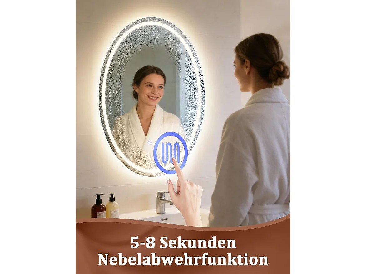 Nettlife Miroir de Salle de Bain Ovale LED 60 × 80 cm, Tactile, Antibuée, Dimmable 3000-6500 K, IP44, Mural. Miroir Lumineux Design., Intensité lumineuse réglable