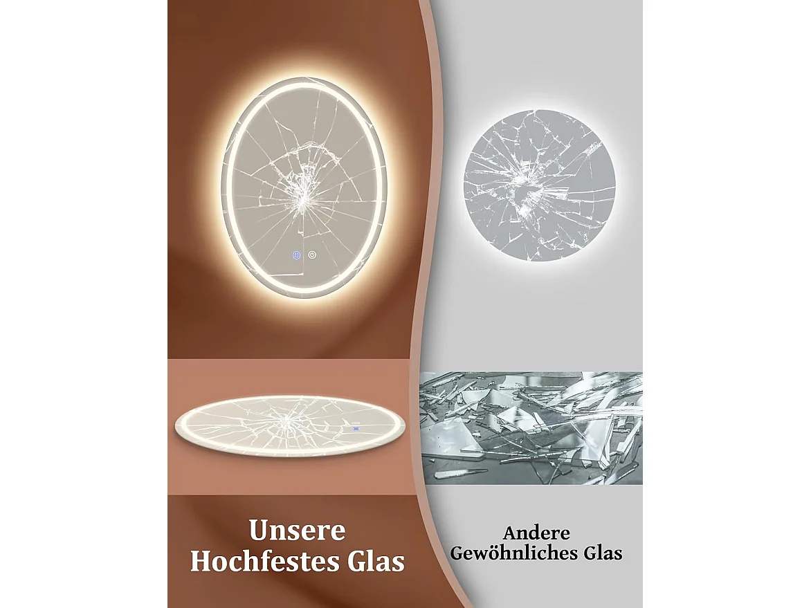 Nettlife Miroir de Salle de Bain Ovale LED 60 × 80 cm, Tactile, Antibuée, Dimmable 3000-6500 K, IP44, Mural. Miroir Lumineux Design., Intensité lumineuse réglable
