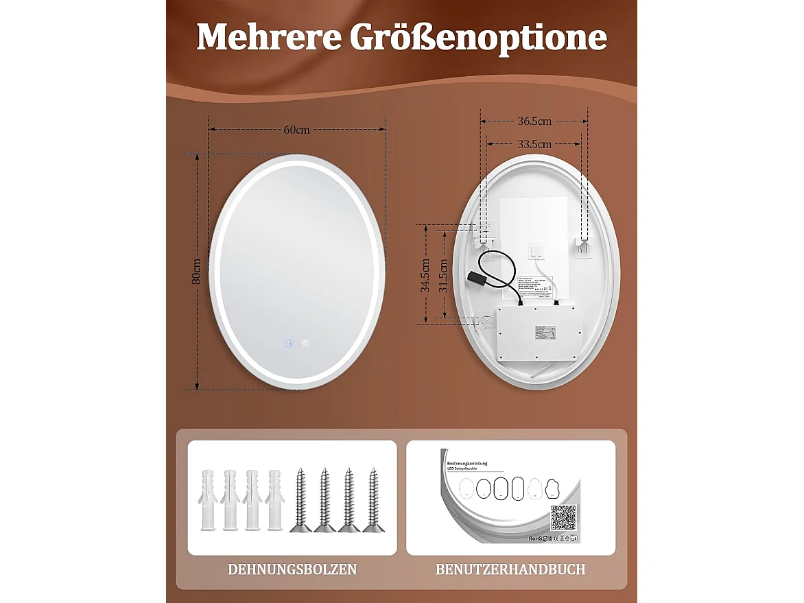 Nettlife Miroir de Salle de Bain Ovale LED 60 × 80 cm, Tactile, Antibuée, Dimmable 3000-6500 K, IP44, Mural. Miroir Lumineux Design., Intensité lumineuse réglable