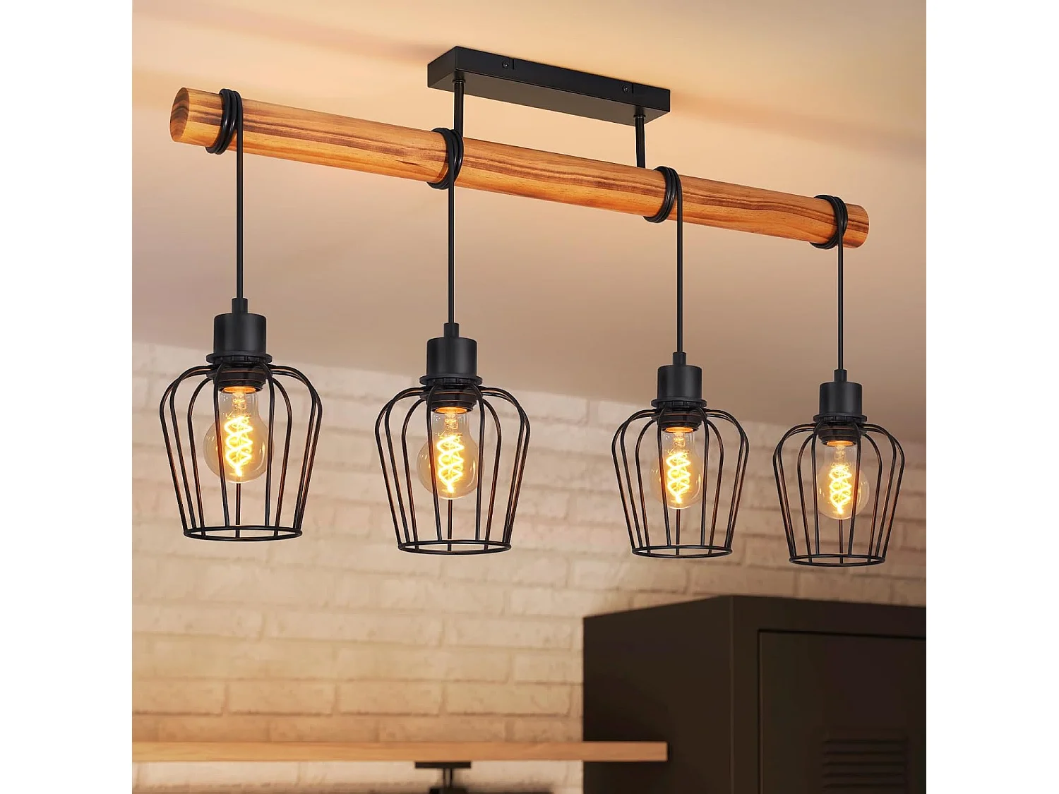 Nettlife Vintage Deckenleuchte aus Holz und schwarzem Metall, Industriestil, 4-flammige E27-Leuchte für Wohnzimmer, Küche, Esszimmer (Leuchtmittel nicht enthalten)