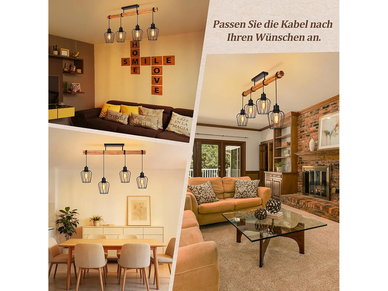 Nettlife Vintage Deckenleuchte aus Holz und schwarzem Metall, Industriestil, 4-flammige E27-Leuchte für Wohnzimmer, Küche, Esszimmer (Leuchtmittel nicht enthalten)