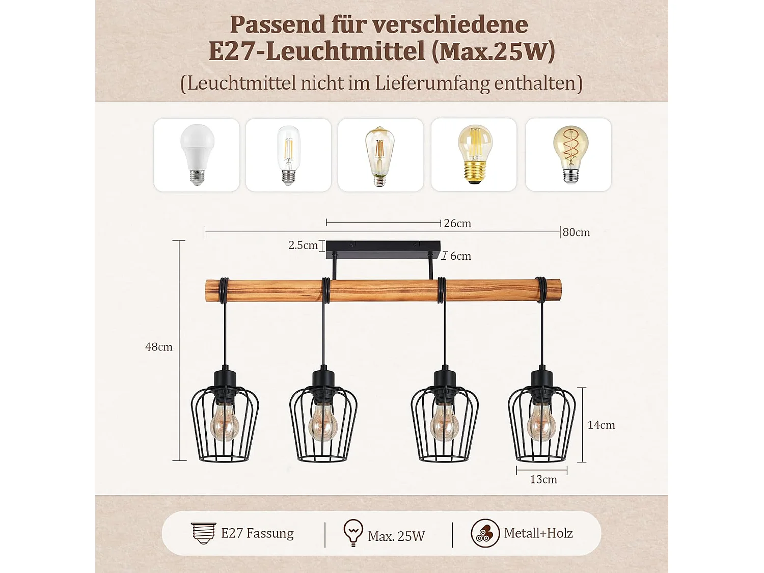 Nettlife Vintage Deckenleuchte aus Holz und schwarzem Metall, Industriestil, 4-flammige E27-Leuchte für Wohnzimmer, Küche, Esszimmer (Leuchtmittel nicht enthalten)
