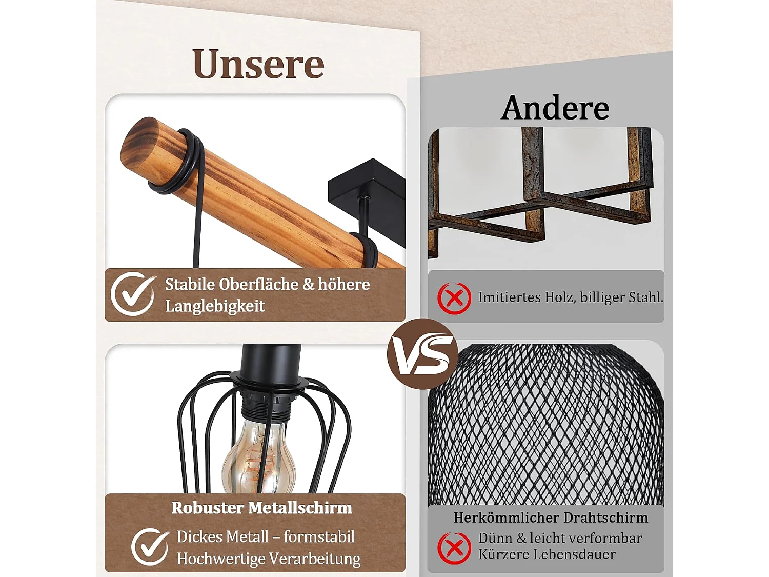 Nettlife Vintage Deckenleuchte aus Holz und schwarzem Metall, Industriestil, 4-flammige E27-Leuchte für Wohnzimmer, Küche, Esszimmer (Leuchtmittel nicht enthalten)