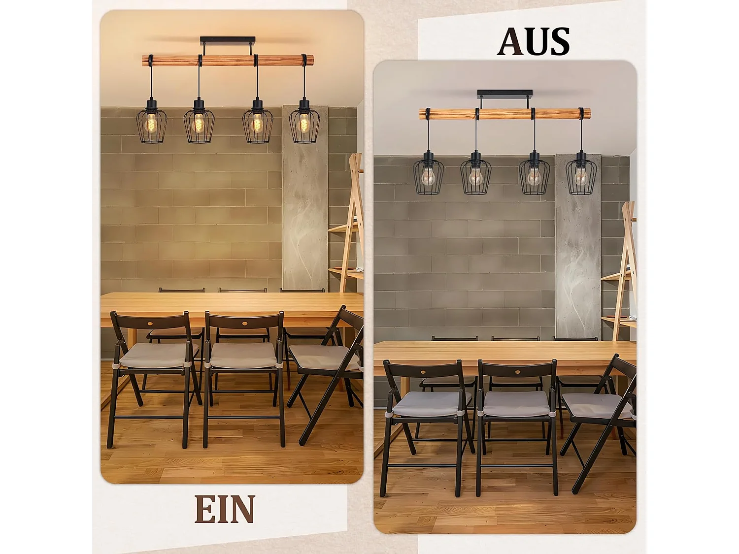 Nettlife Vintage Deckenleuchte aus Holz und schwarzem Metall, Industriestil, 4-flammige E27-Leuchte für Wohnzimmer, Küche, Esszimmer (Leuchtmittel nicht enthalten)