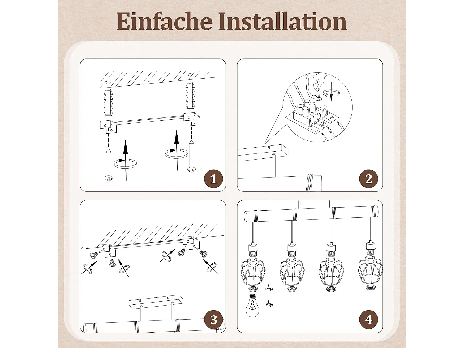 Nettlife Vintage Deckenleuchte aus Holz und schwarzem Metall, Industriestil, 4-flammige E27-Leuchte für Wohnzimmer, Küche, Esszimmer (Leuchtmittel nicht enthalten)