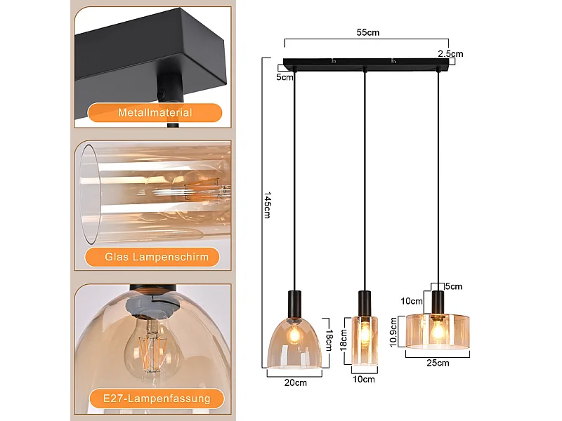 NETTLIFE 3-punktowa lampa wisząca nad stół jadalny, żyrandol w stylu vintage industrial z regulowaną wysokością do kuchni i salonu (żarówki nie są dołączone)