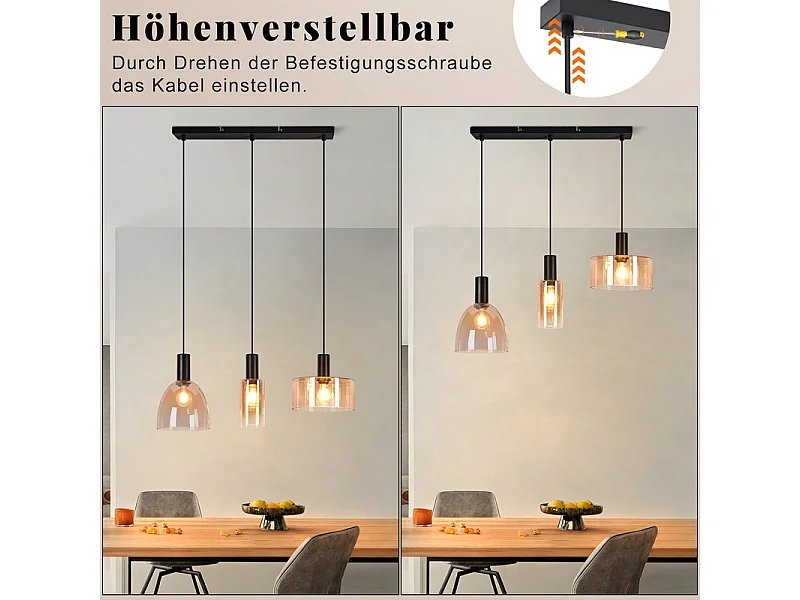 NETTLIFE 3-punktowa lampa wisząca nad stół jadalny, żyrandol w stylu vintage industrial z regulowaną wysokością do kuchni i salonu (żarówki nie są dołączone)