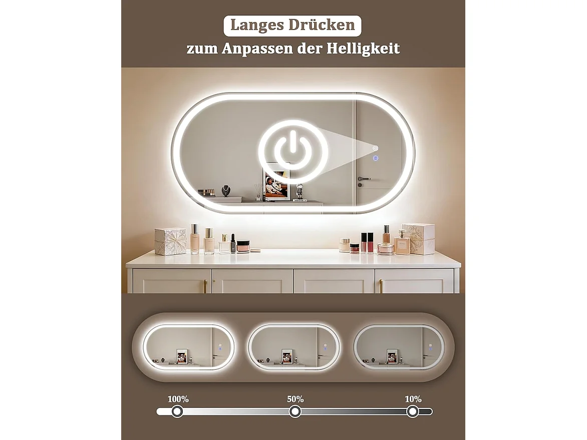 Nettlife Miroir de Salle de Bain Ovale LED 60 × 120 cm, Tactile, Antibuée, Dimmable 3000-6500 K, IP44, Mural. Miroir Lumineux Design., Intensité lumineuse réglable