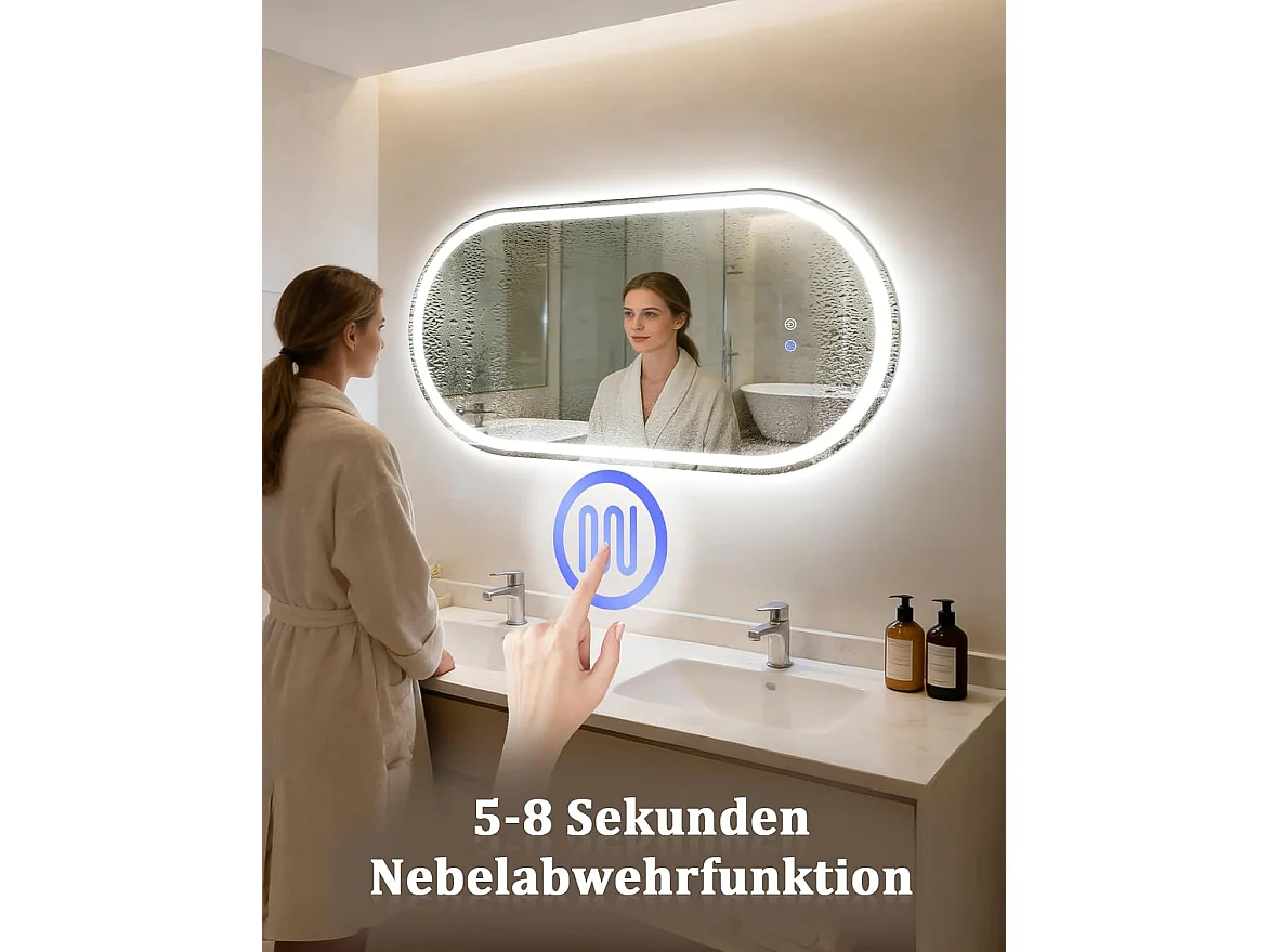 Nettlife Miroir de Salle de Bain Ovale LED 60 × 120 cm, Tactile, Antibuée, Dimmable 3000-6500 K, IP44, Mural. Miroir Lumineux Design., Intensité lumineuse réglable