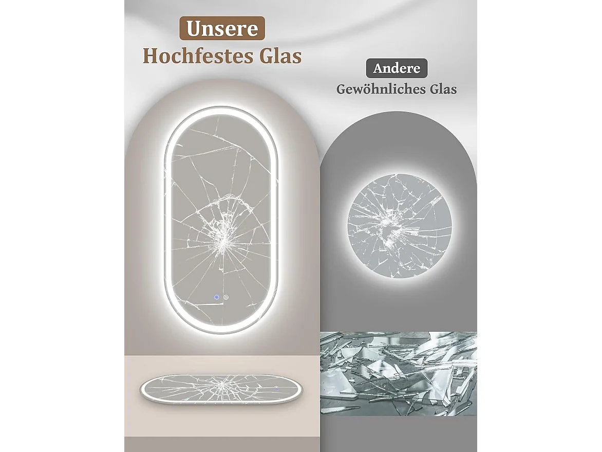 Nettlife Miroir de Salle de Bain Ovale LED 60 × 120 cm, Tactile, Antibuée, Dimmable 3000-6500 K, IP44, Mural. Miroir Lumineux Design., Intensité lumineuse réglable
