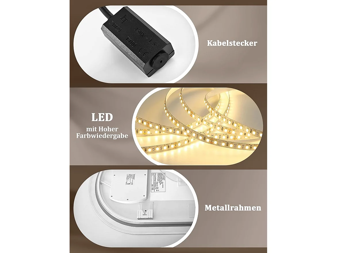 Nettlife Miroir de Salle de Bain Ovale LED 60 × 120 cm, Tactile, Antibuée, Dimmable 3000-6500 K, IP44, Mural. Miroir Lumineux Design., Intensité lumineuse réglable