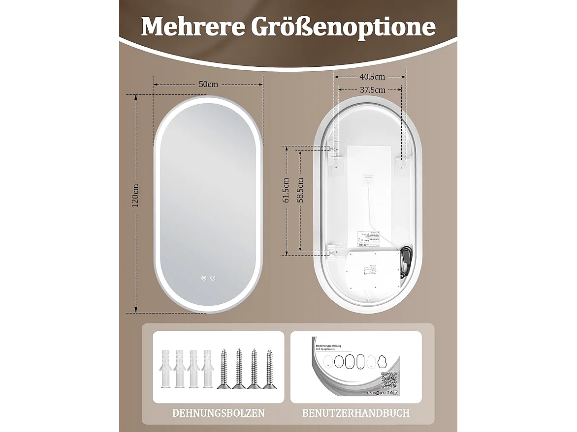 Nettlife Miroir de Salle de Bain Ovale LED 60 × 120 cm, Tactile, Antibuée, Dimmable 3000-6500 K, IP44, Mural. Miroir Lumineux Design., Intensité lumineuse réglable