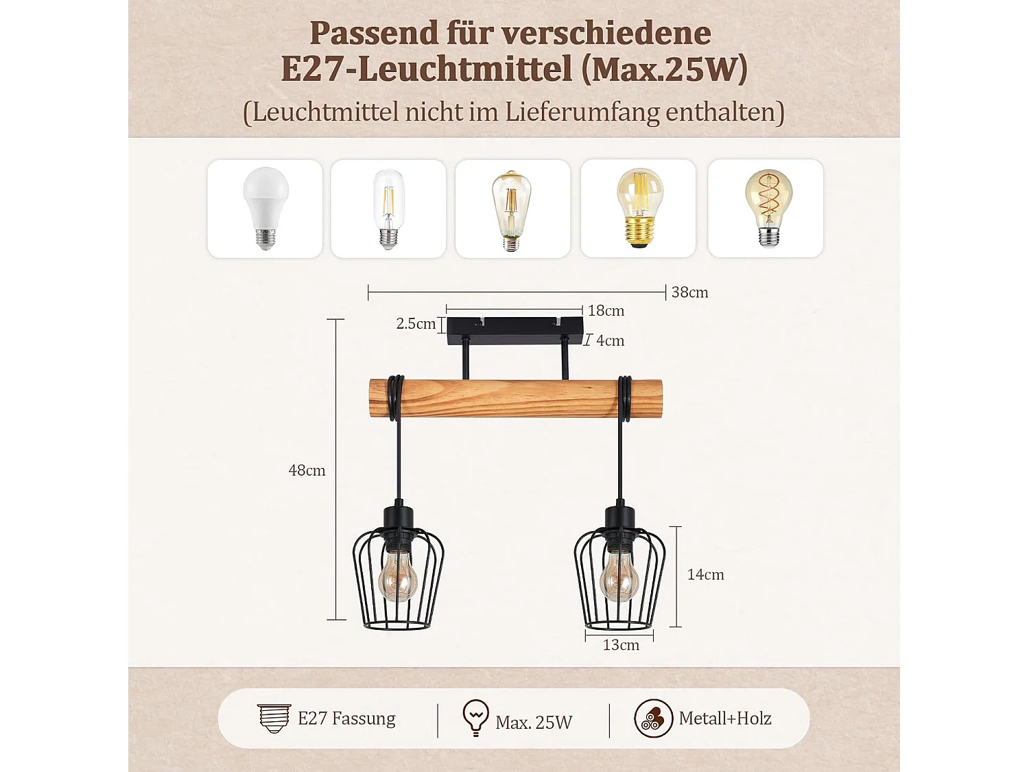 Nettlife Vintage Deckenleuchte aus Holz und schwarzem Metall, Retro-Industrie-Deckenleuchte mit 2 E27-Glühbirnen für Flur, Küche(Glühbirnen nicht enthalten)