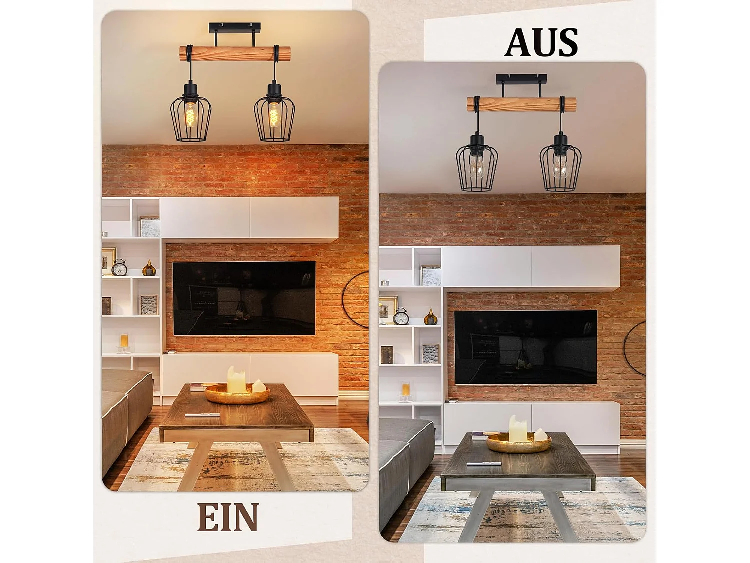 Nettlife Vintage Deckenleuchte aus Holz und schwarzem Metall, Retro-Industrie-Deckenleuchte mit 2 E27-Glühbirnen für Flur, Küche(Glühbirnen nicht enthalten)