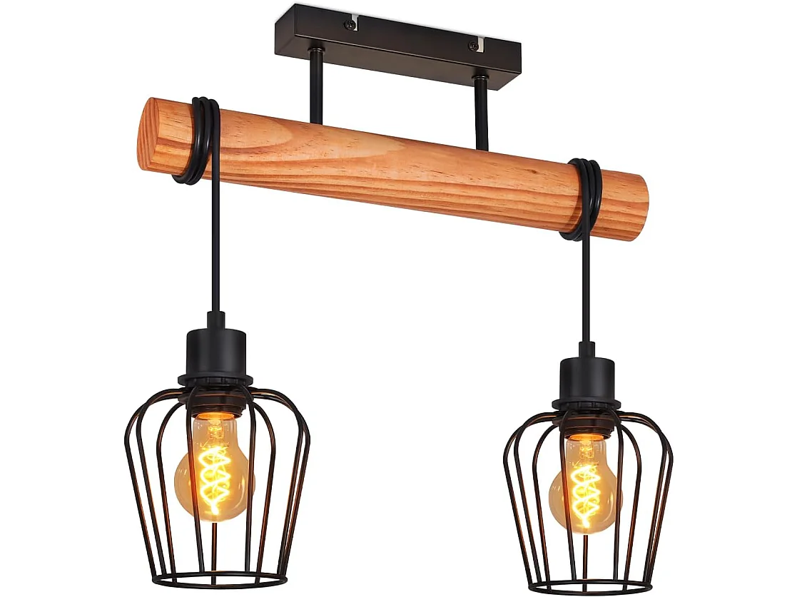 Nettlife Vintage Deckenleuchte aus Holz und schwarzem Metall, Retro-Industrie-Deckenleuchte mit 2 E27-Glühbirnen für Flur, Küche(Glühbirnen nicht enthalten)