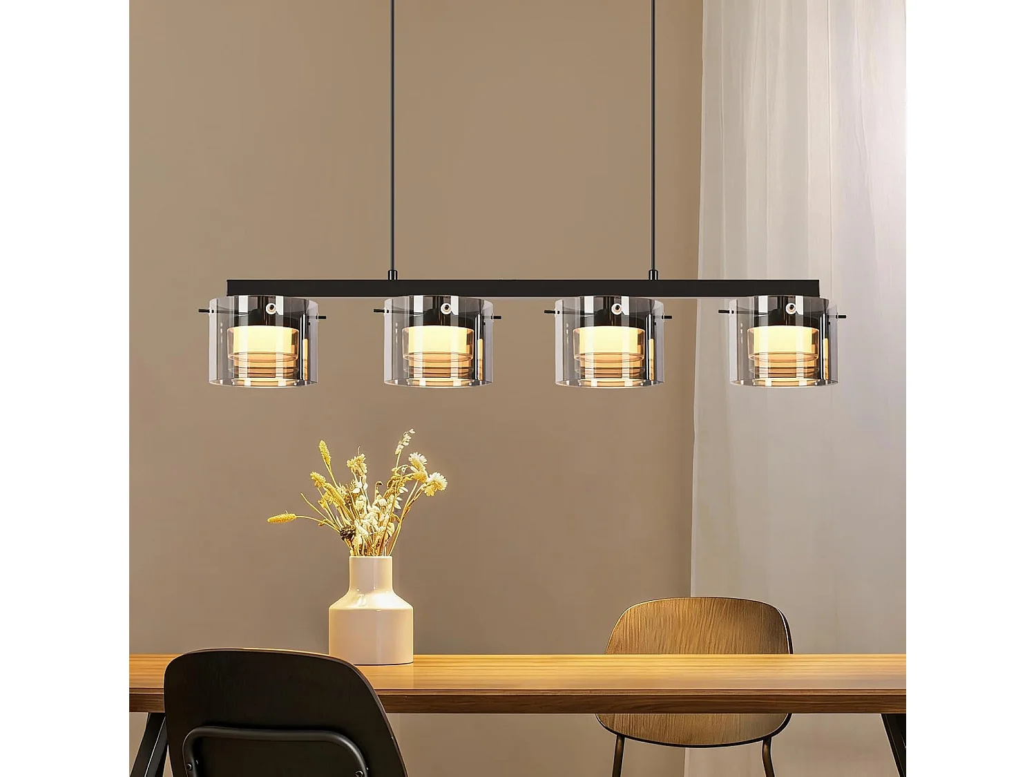 NETTLIFE Suspension LED en Verre 4 Lampes, Lustre Moderne Hauteur Réglable 140cm pour Table à Manger, Salon, Cuisine, Chambre, Couloir