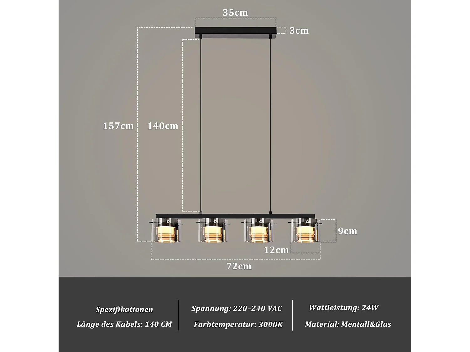 NETTLIFE Suspension LED en Verre 4 Lampes, Lustre Moderne Hauteur Réglable 140cm pour Table à Manger, Salon, Cuisine, Chambre, Couloir