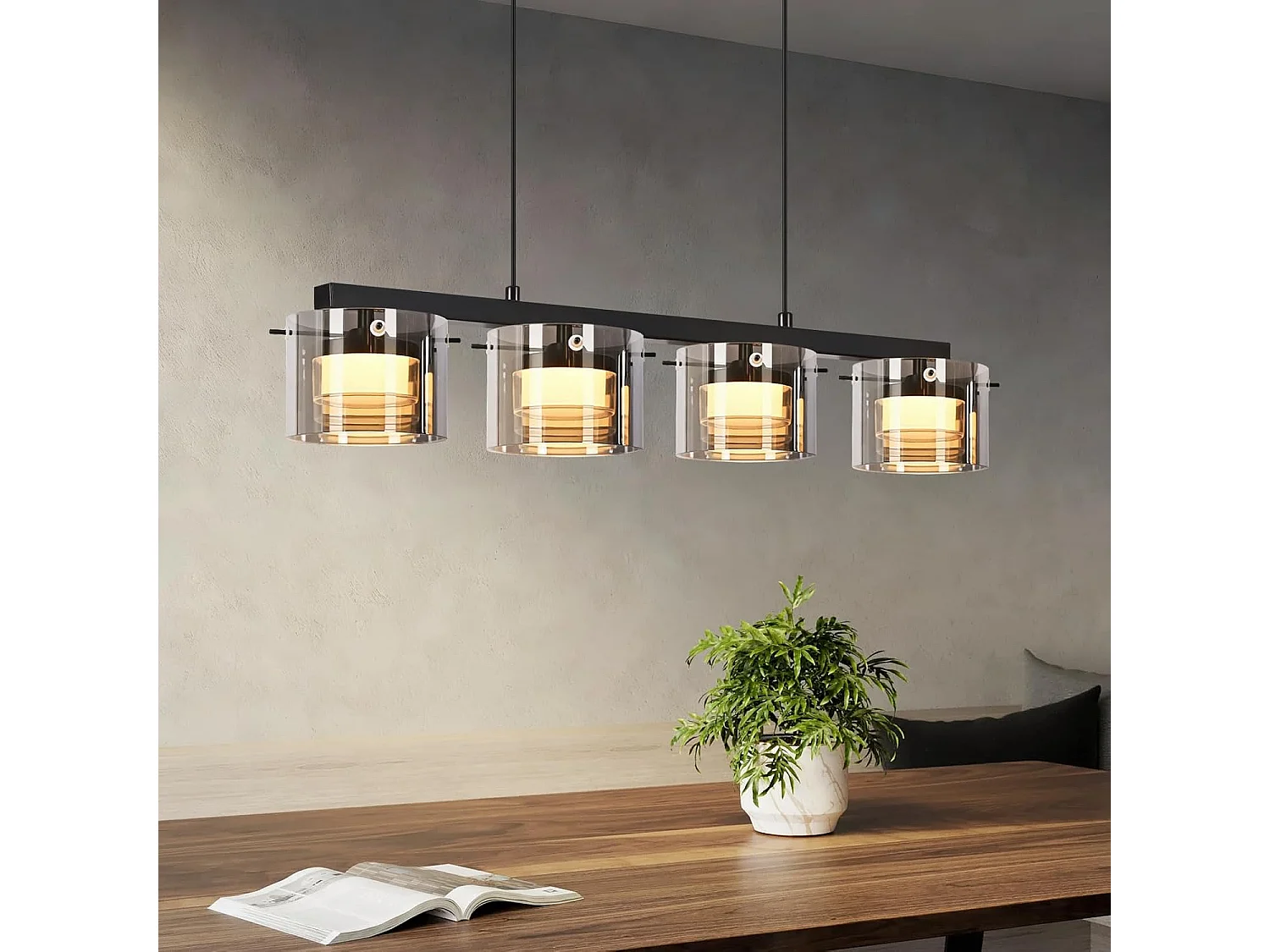 NETTLIFE Suspension LED en Verre 4 Lampes, Lustre Moderne Hauteur Réglable 140cm pour Table à Manger, Salon, Cuisine, Chambre, Couloir