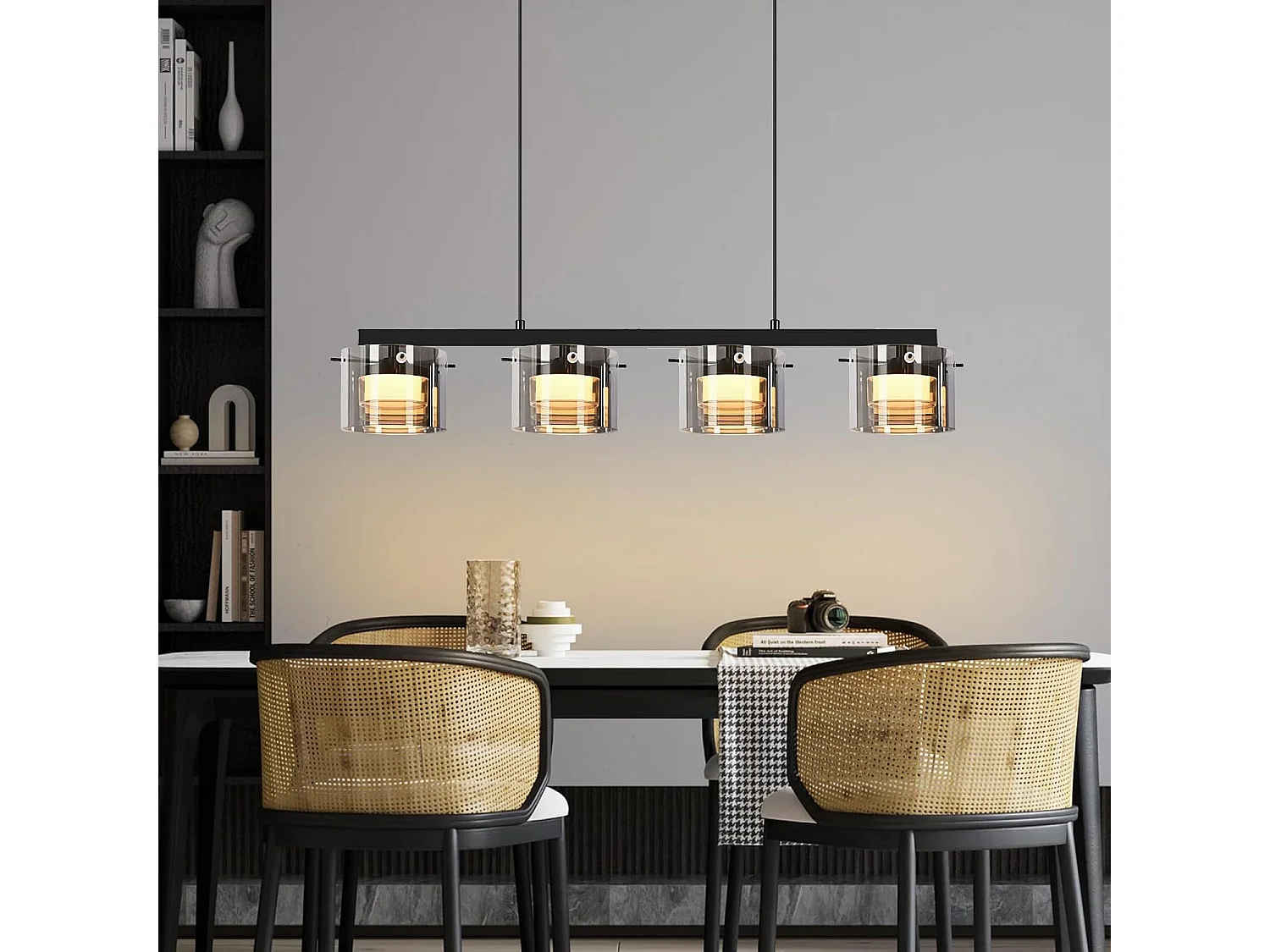 NETTLIFE Suspension LED en Verre 4 Lampes, Lustre Moderne Hauteur Réglable 140cm pour Table à Manger, Salon, Cuisine, Chambre, Couloir