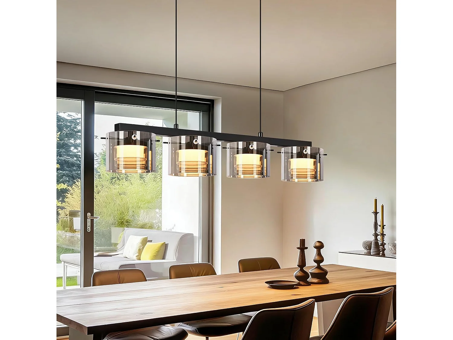 NETTLIFE Suspension LED en Verre 4 Lampes, Lustre Moderne Hauteur Réglable 140cm pour Table à Manger, Salon, Cuisine, Chambre, Couloir