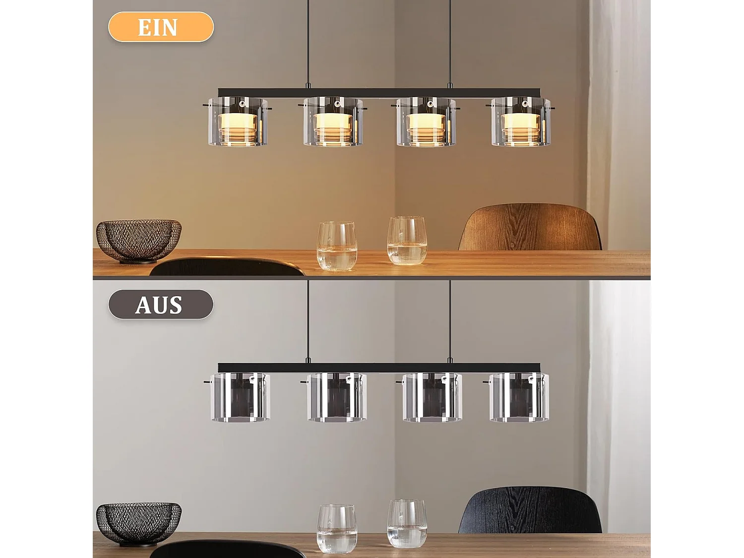 NETTLIFE Suspension LED en Verre 4 Lampes, Lustre Moderne Hauteur Réglable 140cm pour Table à Manger, Salon, Cuisine, Chambre, Couloir
