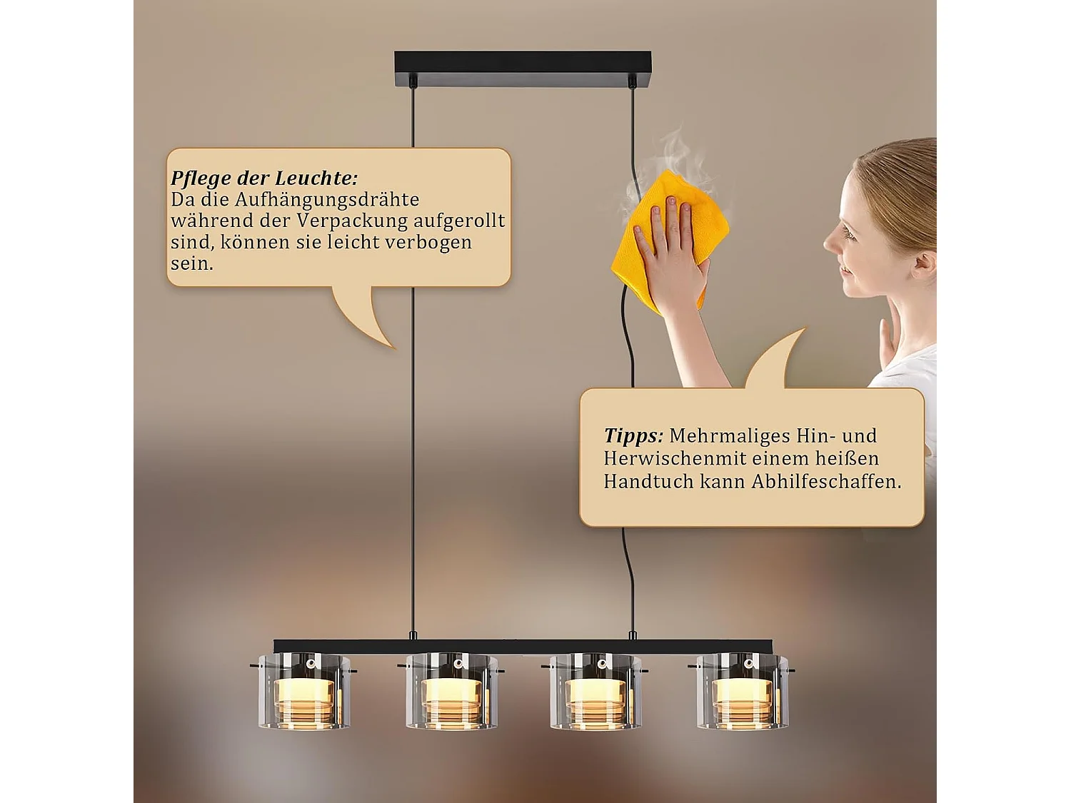 NETTLIFE Suspension LED en Verre 4 Lampes, Lustre Moderne Hauteur Réglable 140cm pour Table à Manger, Salon, Cuisine, Chambre, Couloir