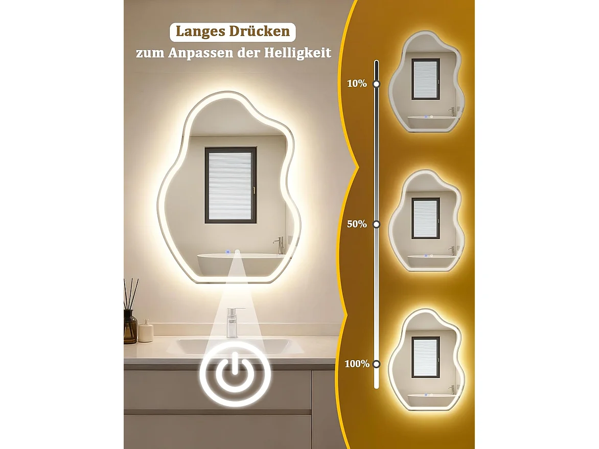 Nettlife Miroir de Salle de Bain LED Asymétrique 60 × 80 cm, Tactile, Antibuée, Dimmable 3000-6500 K, IP44, Mural. Miroir Lumineux Design., INTENSITÉ RÉGLABLE