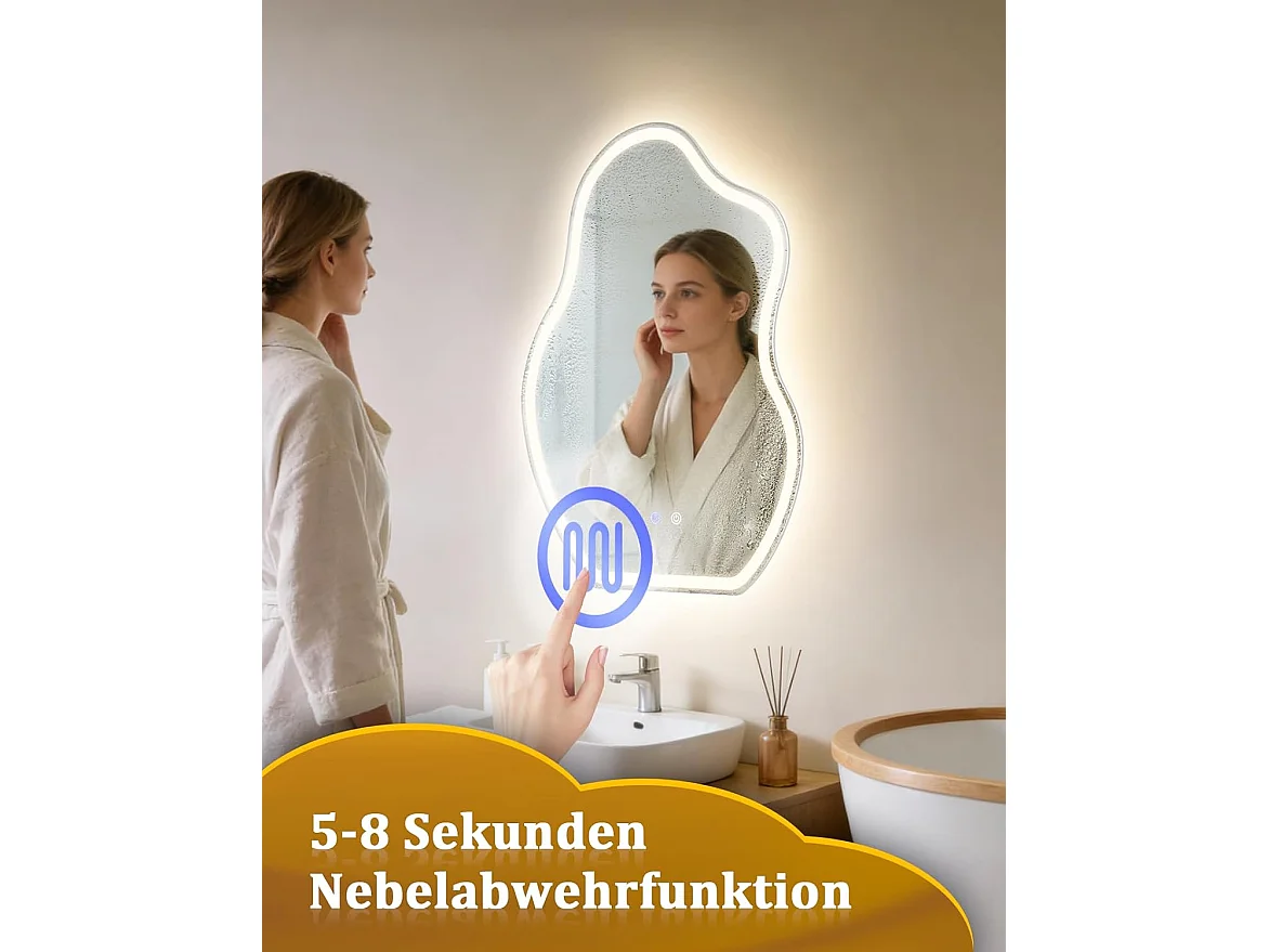Nettlife Miroir de Salle de Bain LED Asymétrique 60 × 80 cm, Tactile, Antibuée, Dimmable 3000-6500 K, IP44, Mural. Miroir Lumineux Design., INTENSITÉ RÉGLABLE