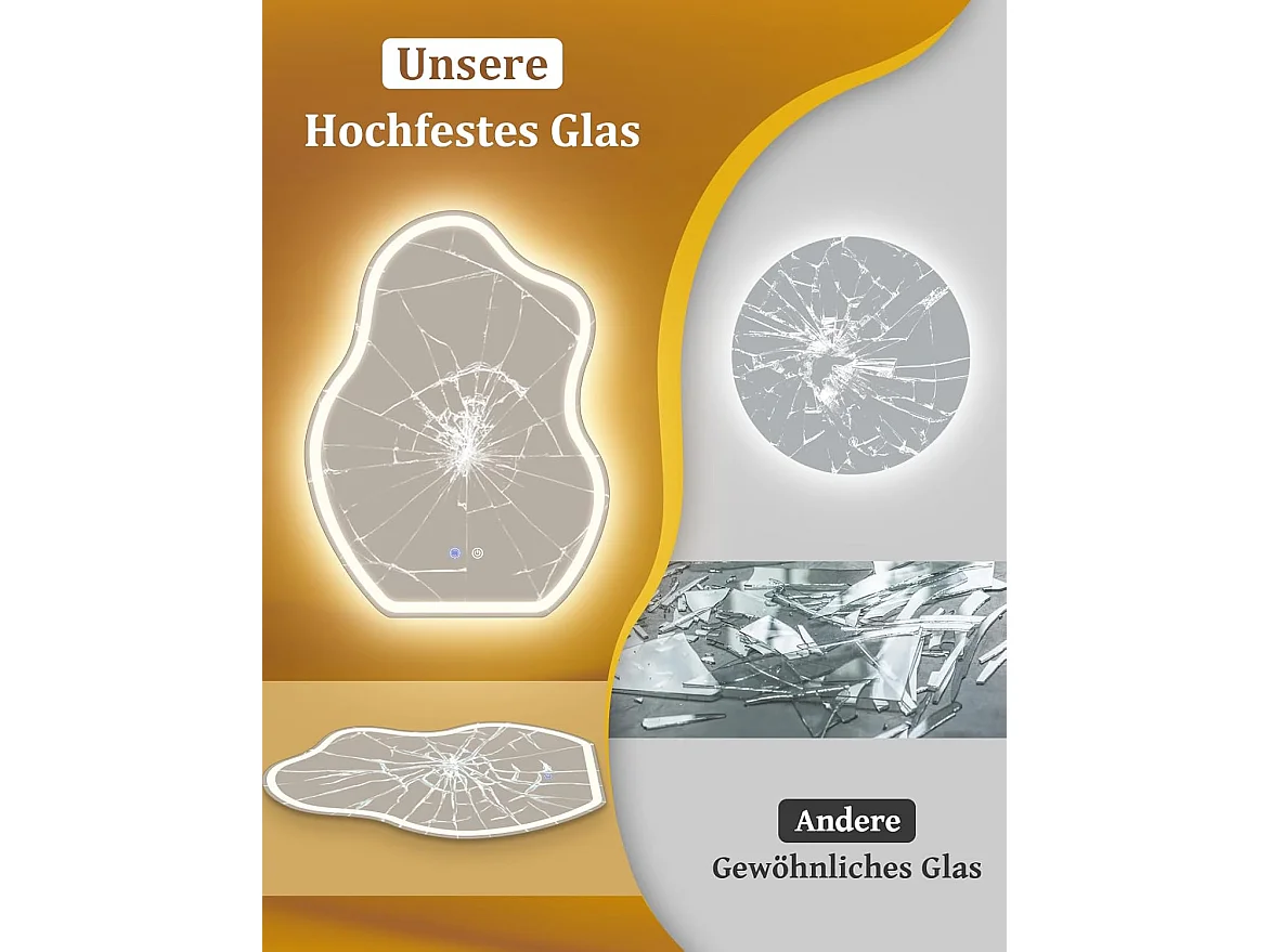 Nettlife Miroir de Salle de Bain LED Asymétrique 60 × 80 cm, Tactile, Antibuée, Dimmable 3000-6500 K, IP44, Mural. Miroir Lumineux Design., INTENSITÉ RÉGLABLE