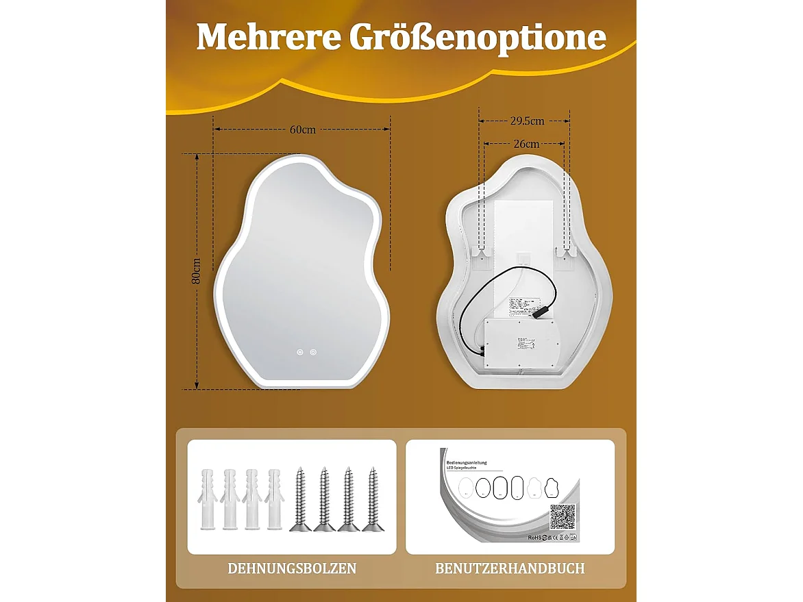 Nettlife Miroir de Salle de Bain LED Asymétrique 60 × 80 cm, Tactile, Antibuée, Dimmable 3000-6500 K, IP44, Mural. Miroir Lumineux Design., INTENSITÉ RÉGLABLE