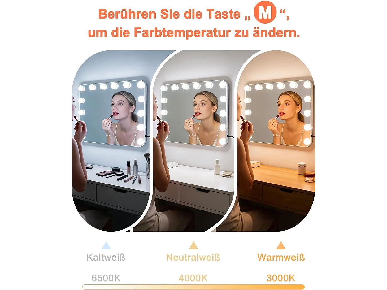 NETTLIFE Hollywood Lustro do makijażu LED 50x40 cm – Lustro stołowe z funkcją dotykową i ściemniania, 3 tryby oświetlenia, designerskie lustro kosmetyczne