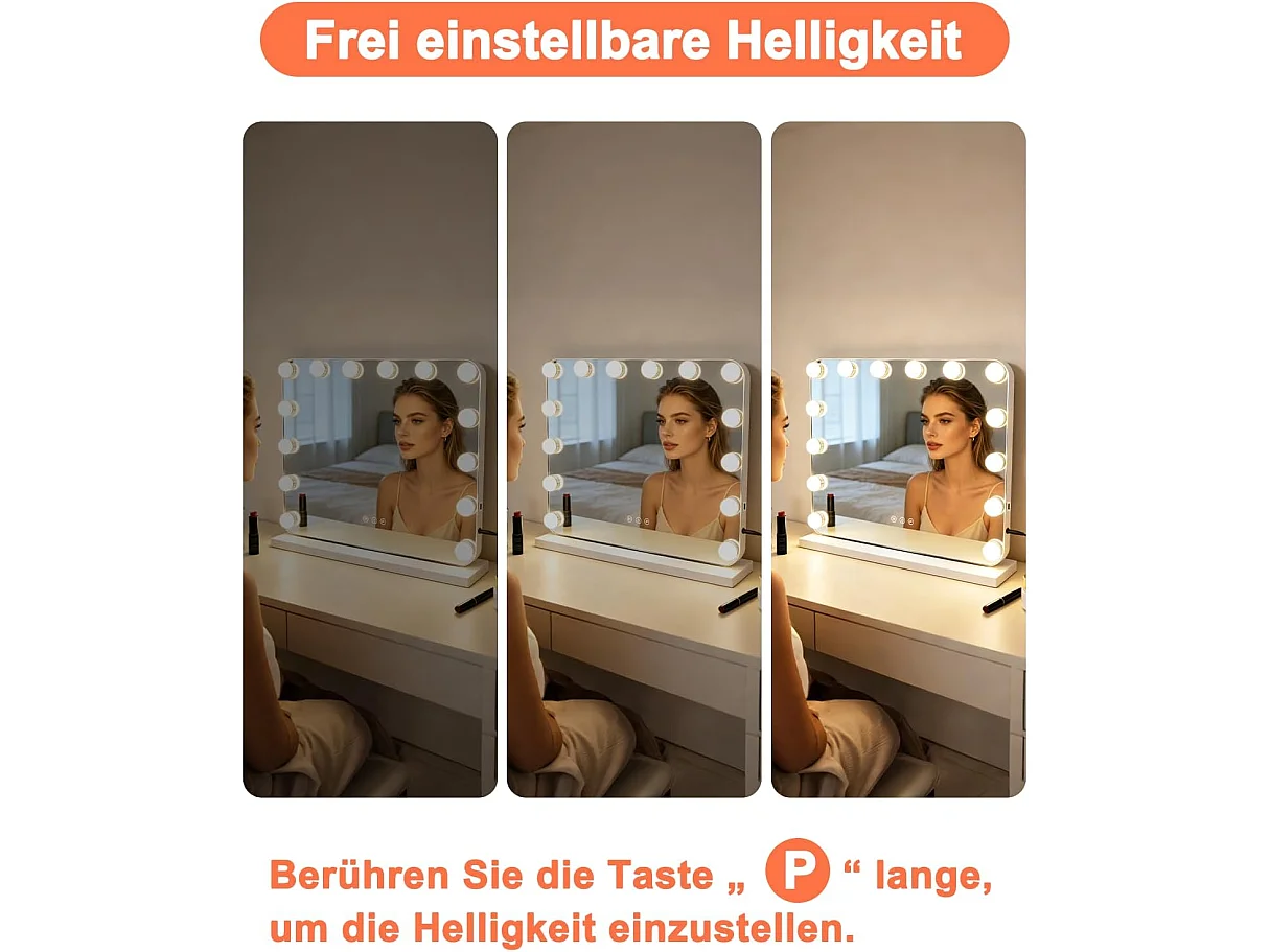 NETTLIFE Hollywood Lustro do makijażu LED 50x40 cm – Lustro stołowe z funkcją dotykową i ściemniania, 3 tryby oświetlenia, designerskie lustro kosmetyczne