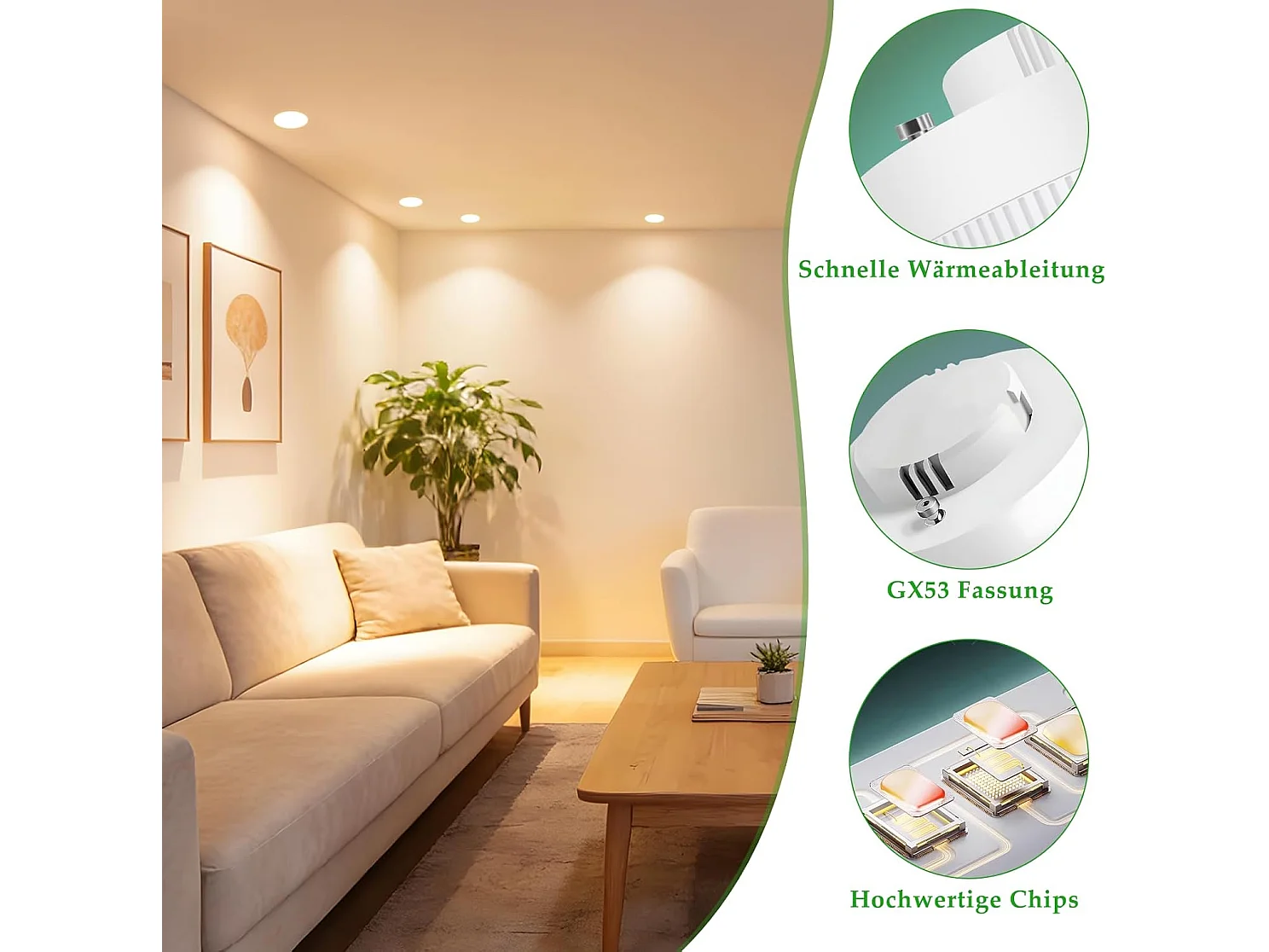 Nettlife 4er-Pack GX53 Ultra Slim LED-Lampen, 5 W (entspricht 50 W), 3000 K Warmweiß, 74 x 25 mm, flimmerfreie Unterbauleuchten, 230 V, nicht dimmbar