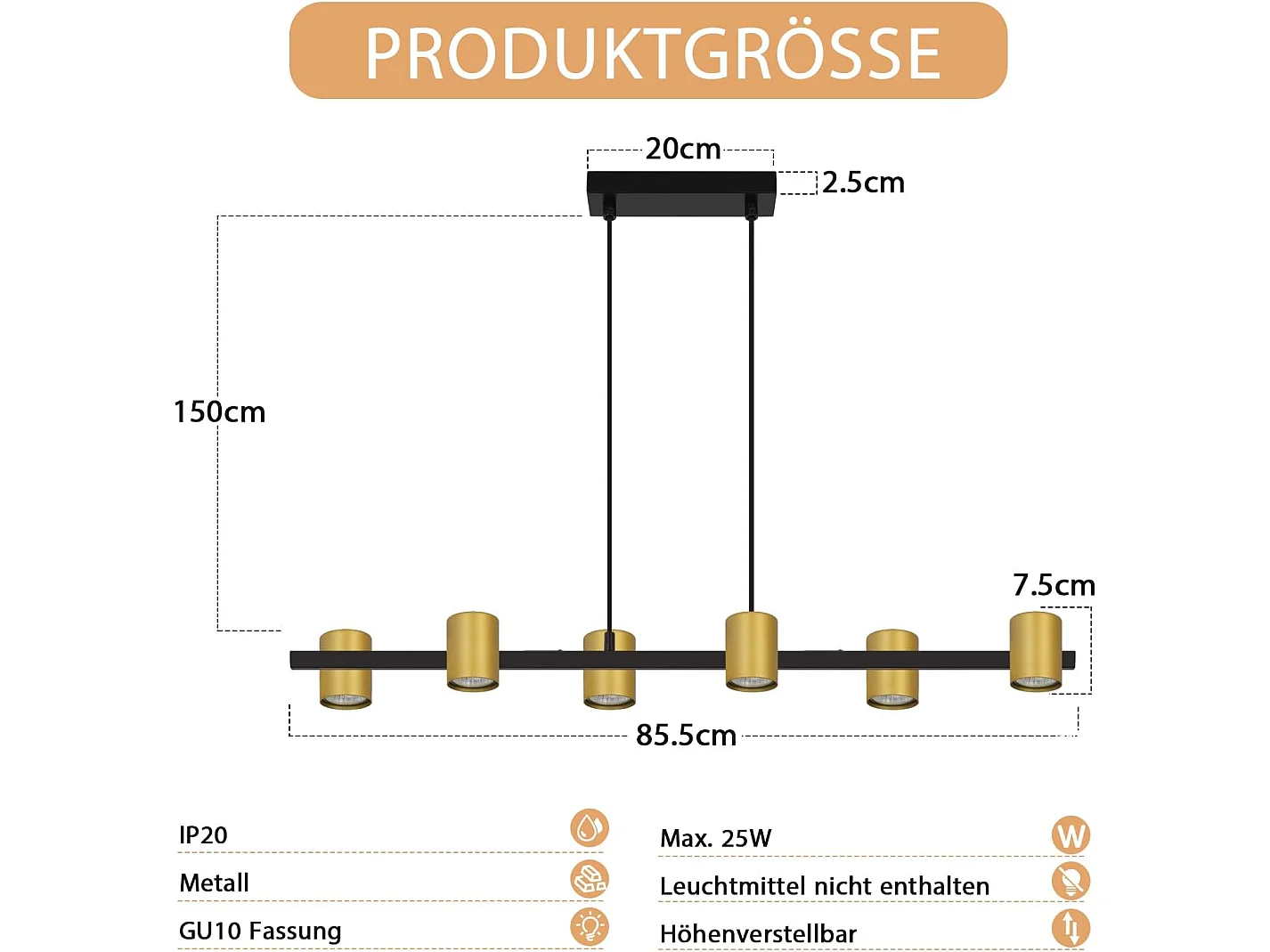 NETTLIFE 6-flammige Pendelleuchte, Schwarz und Gold, GU10-Leuchtmittel, moderner Industrie-Kronleuchter für Esstisch, Wohnzimmer(Leuchtmittel nicht enthalten)
