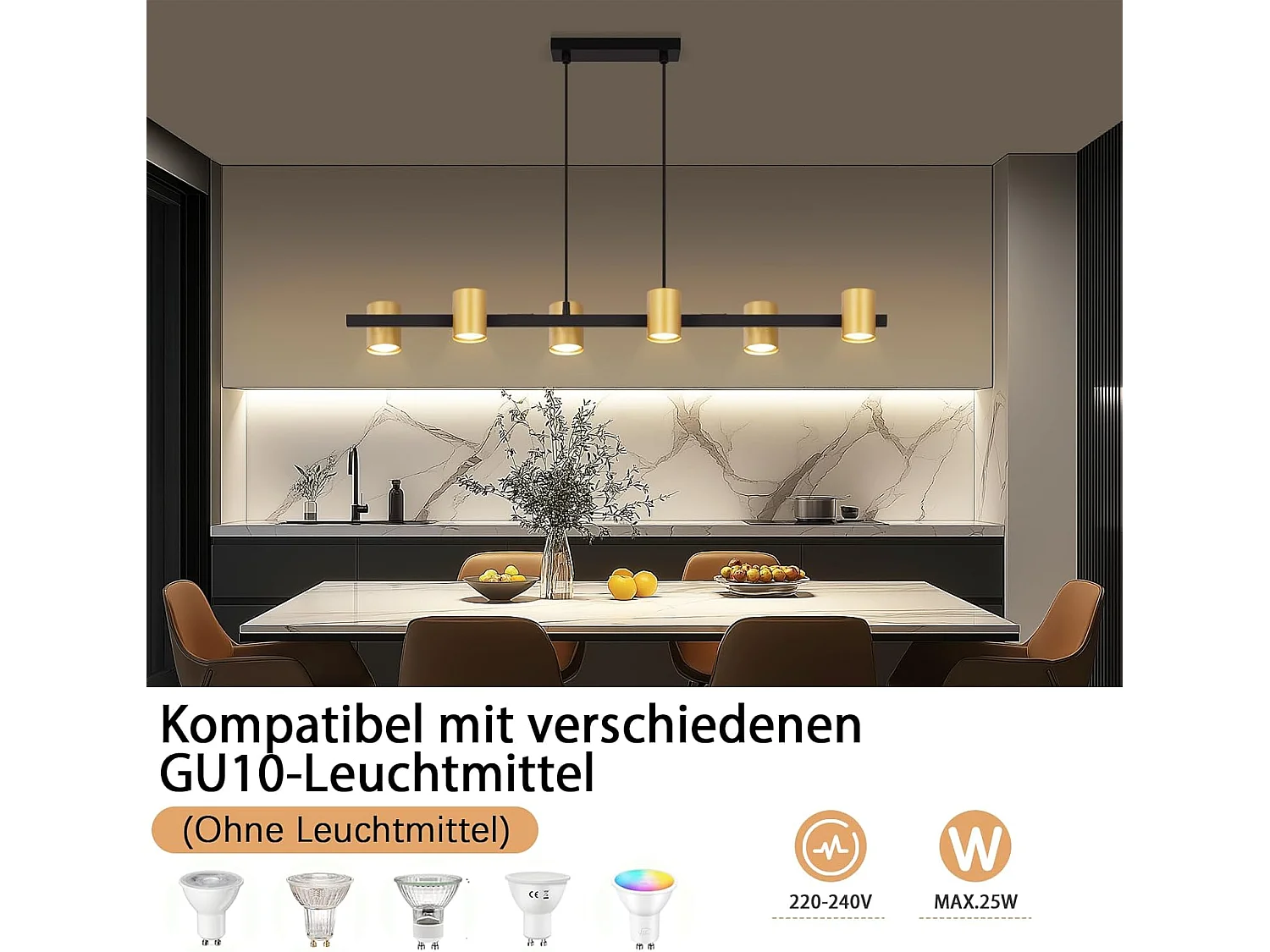 NETTLIFE 6-flammige Pendelleuchte, Schwarz und Gold, GU10-Leuchtmittel, moderner Industrie-Kronleuchter für Esstisch, Wohnzimmer(Leuchtmittel nicht enthalten)