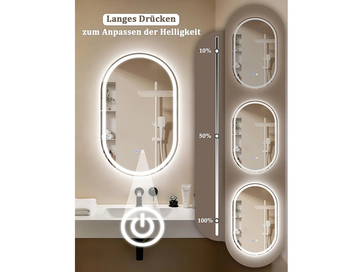 Owalne lustro łazienkowe LED Nettlife 50x80 cm, sterowanie dotykowe, powłoka przeciwmgielna, ściemnialne 3000-6500 K, IP44, montaż ścienny.
