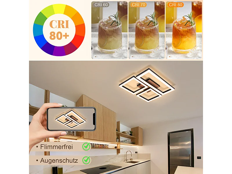 Lampa sufitowa LED Nettlife 21 W, nowoczesny, czarny, kwadratowy design z imitacją drewna. Lampa do kuchni, salonu, sypialni, korytarza, ciepła biel 3000 K.