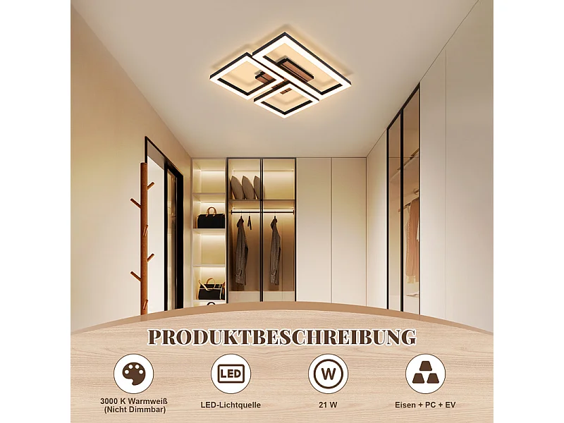 Lampa sufitowa LED Nettlife 21 W, nowoczesny, czarny, kwadratowy design z imitacją drewna. Lampa do kuchni, salonu, sypialni, korytarza, ciepła biel 3000 K.