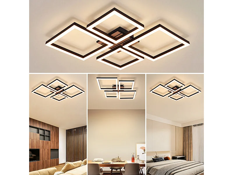 Lampa sufitowa LED Nettlife 32 W, nowoczesny, czarny, kwadratowy design z imitacją drewna. Ciepła, biała lampa sufitowa do sypialni. Oświetlenie wewnętrzne.