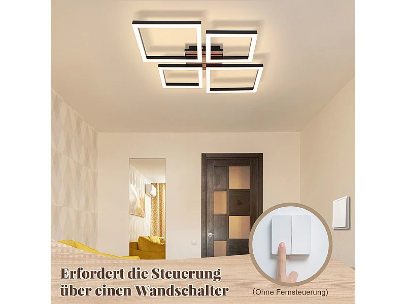 Lampa sufitowa LED Nettlife 32 W, nowoczesny, czarny, kwadratowy design z imitacją drewna. Ciepła, biała lampa sufitowa do sypialni. Oświetlenie wewnętrzne.