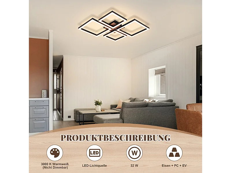 Lampa sufitowa LED Nettlife 32 W, nowoczesny, czarny, kwadratowy design z imitacją drewna. Ciepła, biała lampa sufitowa do sypialni. Oświetlenie wewnętrzne.