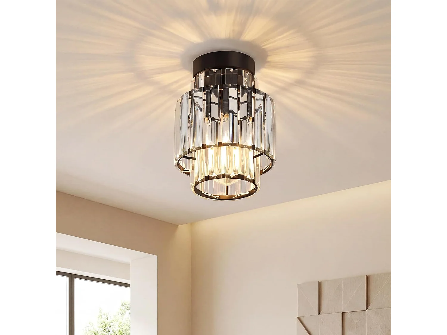 NETTLIFE Plafonnier Cristal Moderne Noir, Lustre Vintage E27 pour Salon Chambre Cuisine Couloir, Luminaire de Plafond Élégant (Sans Ampoule)
