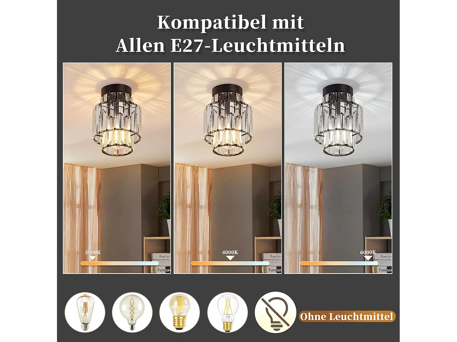 NETTLIFE Plafonnier Cristal Moderne Noir, Lustre Vintage E27 pour Salon Chambre Cuisine Couloir, Luminaire de Plafond Élégant (Sans Ampoule)