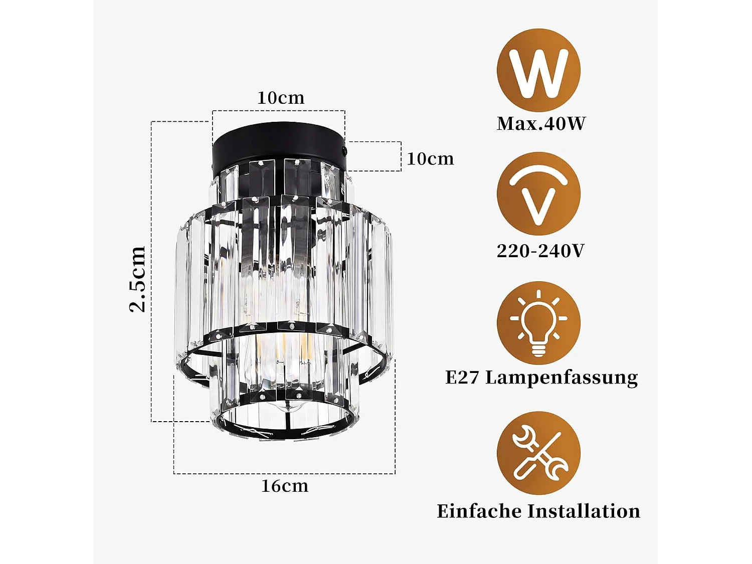 NETTLIFE Plafonnier Cristal Moderne Noir, Lustre Vintage E27 pour Salon Chambre Cuisine Couloir, Luminaire de Plafond Élégant (Sans Ampoule)