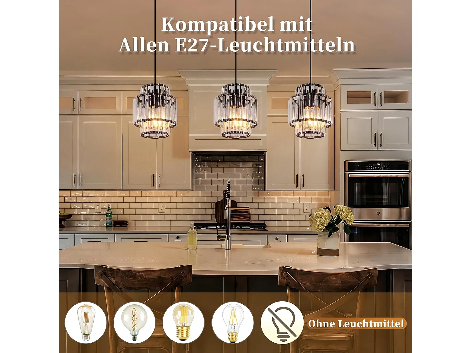 Lampa wisząca Nettlife 1-Light – szklana i kryształowa lampa wisząca, E27, regulowana wysokość, nowoczesny design do jadalni i kuchni