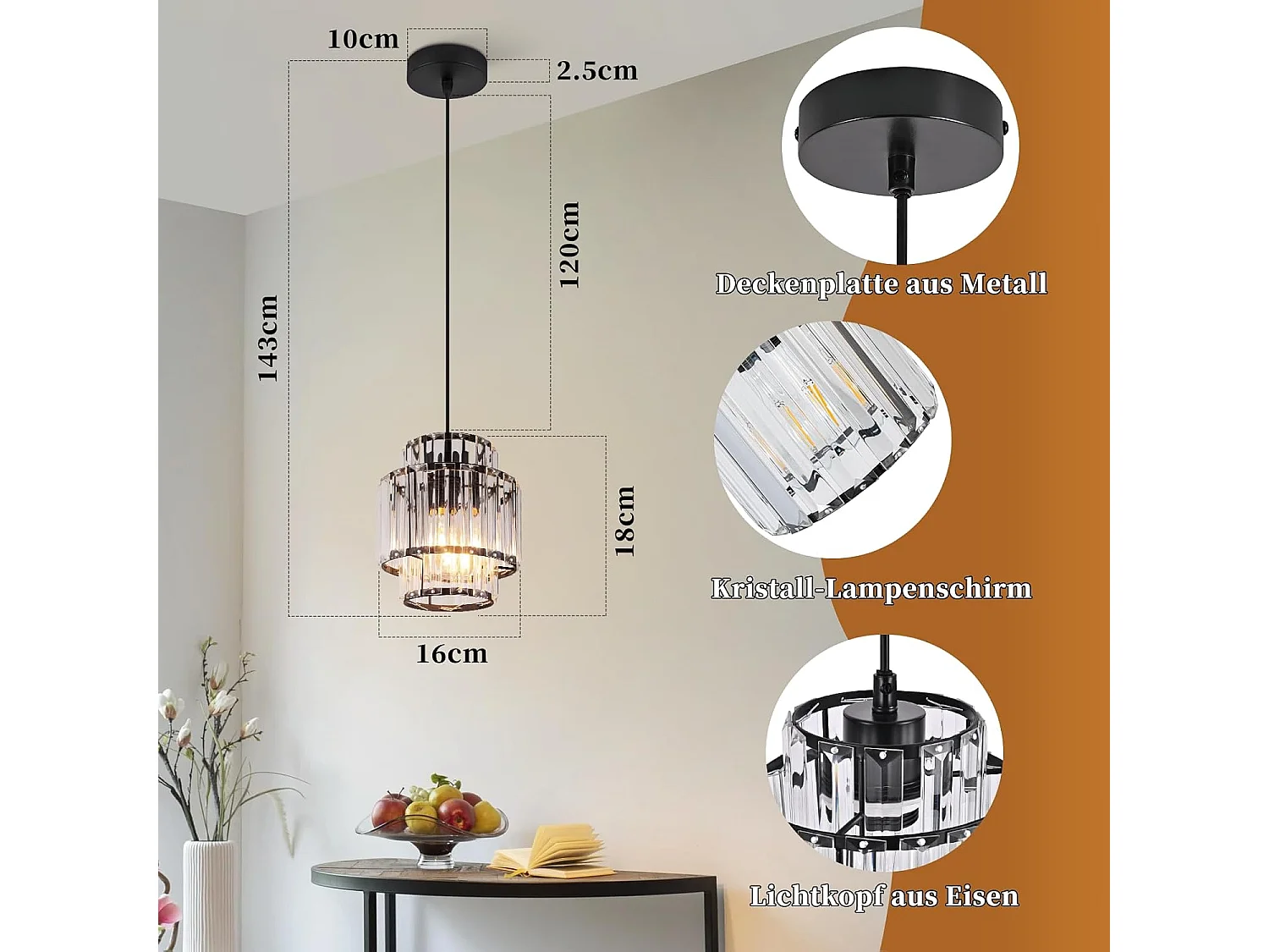 Lampa wisząca Nettlife 1-Light – szklana i kryształowa lampa wisząca, E27, regulowana wysokość, nowoczesny design do jadalni i kuchni