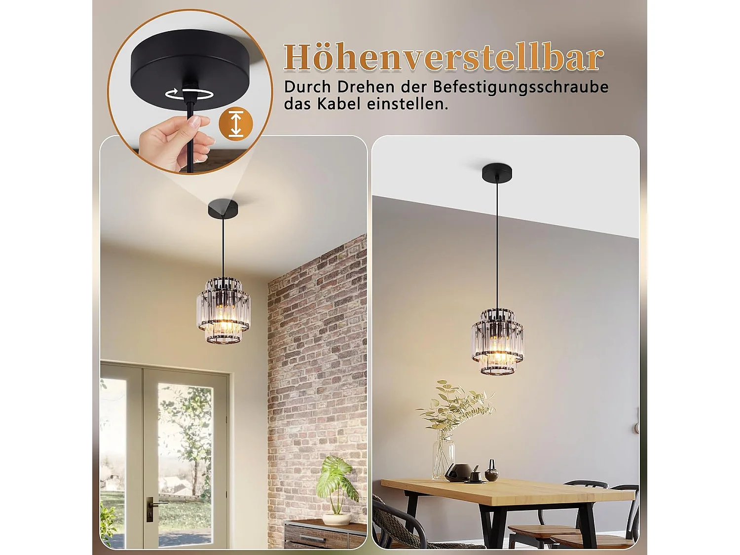Lampa wisząca Nettlife 1-Light – szklana i kryształowa lampa wisząca, E27, regulowana wysokość, nowoczesny design do jadalni i kuchni