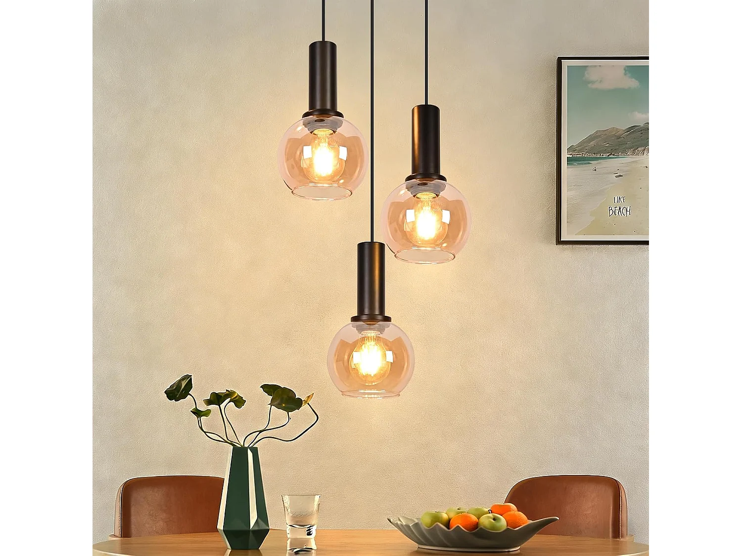 NETTLIFE Lampa wisząca w stylu vintage z bursztynowego szkła z 3 żarówkami E27, żyrandol z regulacją wysokości, oświetlenie retro (żarówki nie są dołączone)