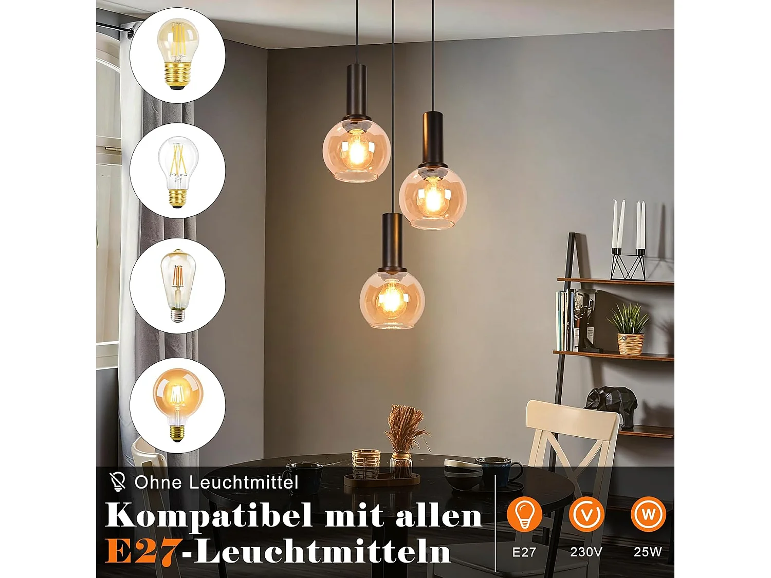 NETTLIFE Lampa wisząca w stylu vintage z bursztynowego szkła z 3 żarówkami E27, żyrandol z regulacją wysokości, oświetlenie retro (żarówki nie są dołączone)
